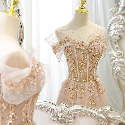 Off-Shoulder Pink Evening Dress High-End 2025 Spring Host Banquet Elegant Socialite Engagement Party Dress