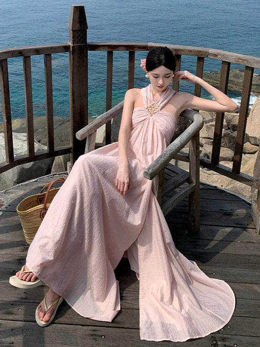 Pure Desire High-End Elegant Pink Dress for Women Summer Vacation Style Niche Design Halter Neck Vacation Slip Dress