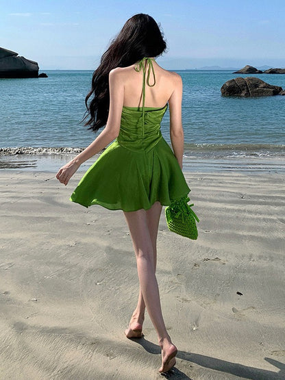 Unique and Beautiful Halter Neck Chic Strap Dress for Women, Summer Petite Slimming Ruched Vacation Beach Dress