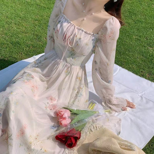 Vacation Style Floral Chiffon Dress Fairy Super Fairy Mori Style Gentle Sweet Tea Break French First Love Dress Long Dress