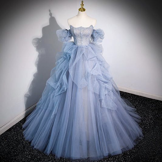 off-Shoulder Evening Dress 2025 Haze Blue Piano Performance Adult Ceremony Wedding Dress Bel Canto Solo Blue Gauze Skirt Art Test