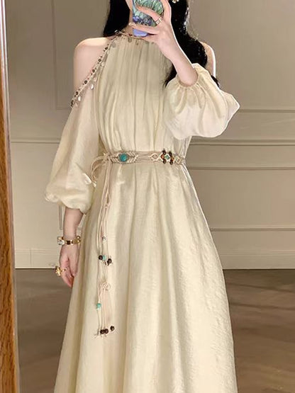 Shell Lace Light Apricot Dress Bohemian Vacation Style Long Dress