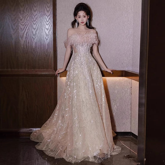 Feather off-Shoulder Evening Dress for Women 2025 New Champagne Adult Ceremony Art Exam Graduation French Engagement Toast Dress