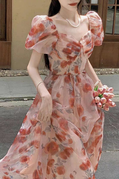 Stunning Fairy Tea Break Platycodon Square Neck High Waist Floral Dress for Women Summer French Style Elegant Chiffon Princess Long Dress