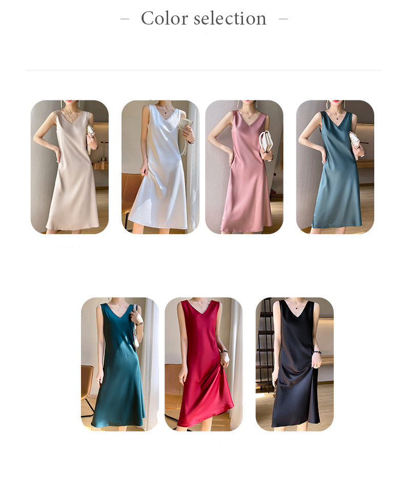 Acetate Satin High-End Summer Strap Dress for Women, Fashionable Versatile Sleeveless Elegant Dress for Outerwear