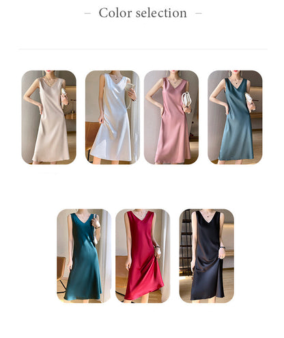 Acetate Satin High-End Summer Strap Dress for Women, Fashionable Versatile Sleeveless Elegant Dress for Outerwear