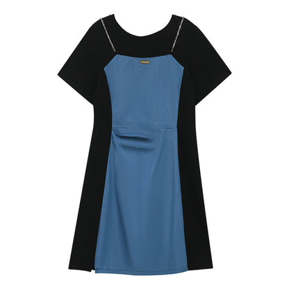 Small Size plus size Not Pick Body Retro Denim Stitching dress Women's New Summer Skirt Belly Covering Slim A- line Skirt