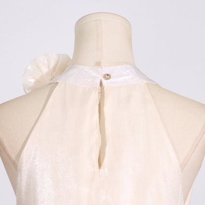 Fashion Sweet Style Floral Halter Neck Design Sleeveless Irregular Satin Dress for Women