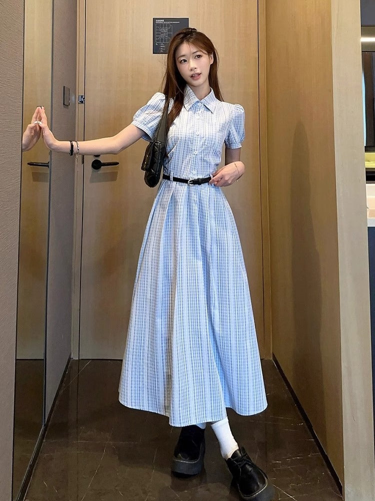 French Style Elegant Blue Color Super Beautiful Slimming Summer2025New style shirt dress