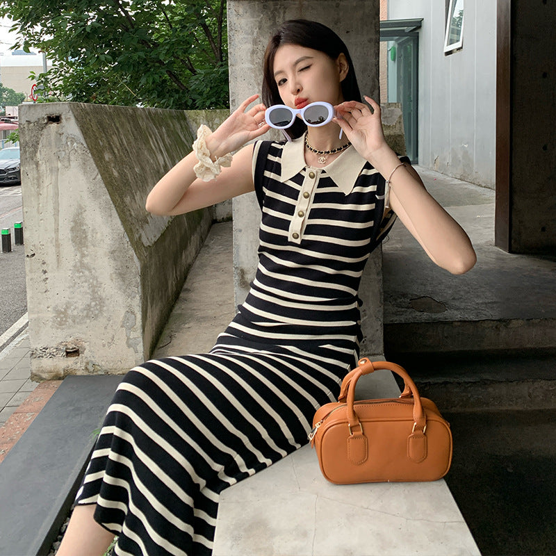 French Style High Sense Graceful Collar Striped Knitted Dress Women's 2025 Summer New Elegant Slimming Dress