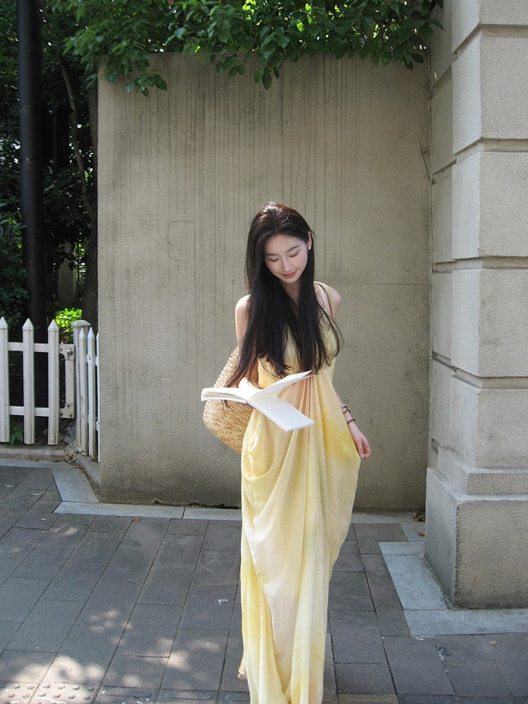 French Fairy Style Super Fairy Beach Vacation Long Dress Draped Silhouette Slip Dress Textured Print Gradient Dress