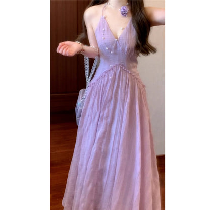 French-style Purple Halter Neck Strap Beach Vacation Elegant Beach Dress