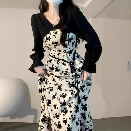 French Style Platycodon Grandiflorum Floral Dress Women's Summer and Spring Clothing2025New Style Spaghetti Strap Maxi Dress Sweet and Spicy Fake Two-Piece