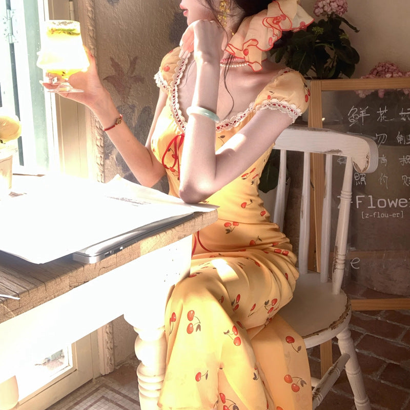 [Cherry Honey Brew] 2 Versions Summer Beach Vacation Style Lace Trim Little Cherry Floral Dress 2025