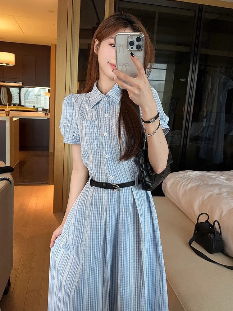French Style Elegant Blue Color Super Beautiful Slimming Summer2025New style shirt dress