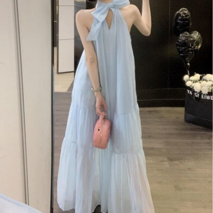 Elegant French Style Neck Hanging dress Bow Design Sense Salt Sweet Age-reducing Super Fairy Long Dress for Children