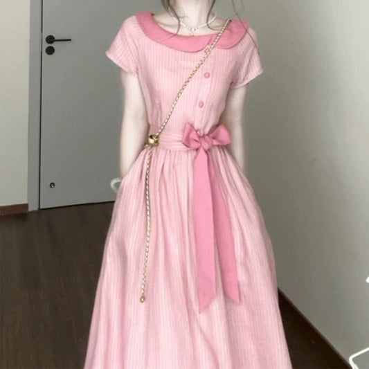 French Style Gentle Pink Striped Dress for Women Summer New Bow Tie Waist Mid-Length Dress Short Sleeve Trendy