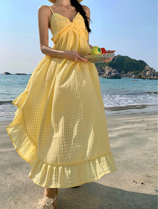 Photogenic Light Yellow Plaid Vacation Style Backless Dress Dopamine Island Vacation Beach Halter Long Dress