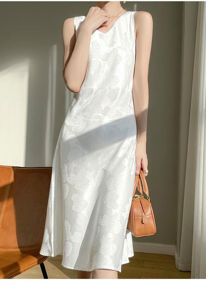 Women's Acetate Satin Mid-Length Dress Spring and Summer New Leaf Printing Niche Minimalist Style Sleeveless Skirt
