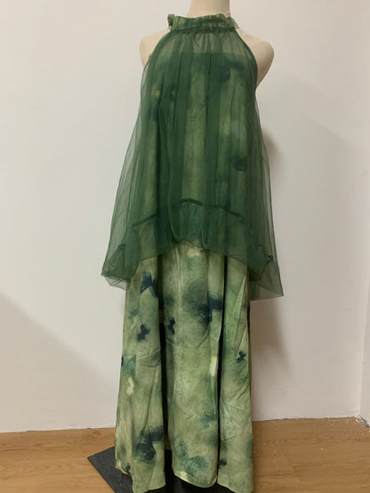 Light Raspberry Powder Jacquard Mesh Halter Fake Two Pieces Dress High Sense Morning Gowns Sleeveless Skirt