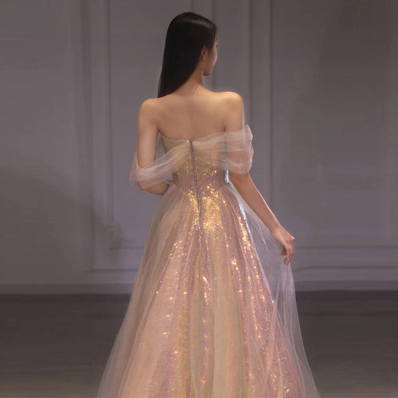 2025 New Style Bridal Toast Dress Slimming Mesh Evening Gown for Annual Meeting Banquet Host Mermaid Off-Shoulder Evening Dress for Women