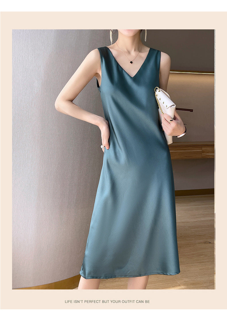 Acetate Satin High-End Summer Strap Dress for Women, Fashionable Versatile Sleeveless Elegant Dress for Outerwear