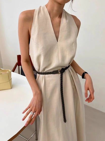 South Korea chic Summer Retro High Sense V Collar Waist-Tight Thin over the Knee Long Halter Vest Dress Women