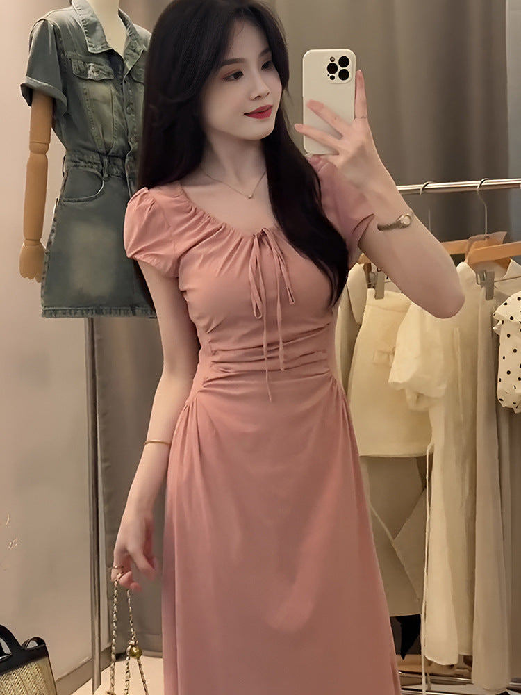 Pink puff sleeve dress women's summer sweet cinched slimming elegant tied French long dress