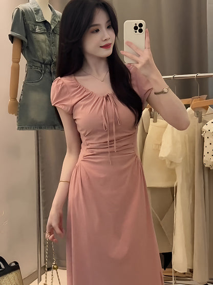 Pink puff sleeve dress women's summer sweet cinched slimming elegant tied French long dress