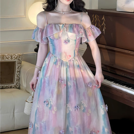 Vintage Oil Painting 3D Floral Patchwork Slip Dress French Patchwork Dress