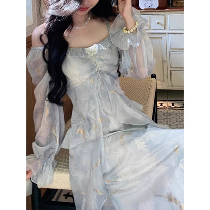 Elegant Gray Blue Gradient Fairy Butterfly Ruffle Long Sleeve Dress for Women