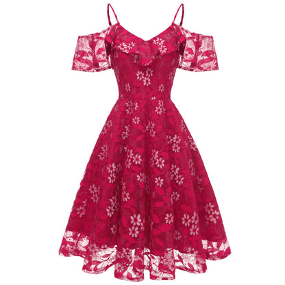 Lace Spaghetti Strap Flutter Sleeve Dress, 2025 Summer New Arrival Slim Fit Flared Sexy A-Line Dress for Women