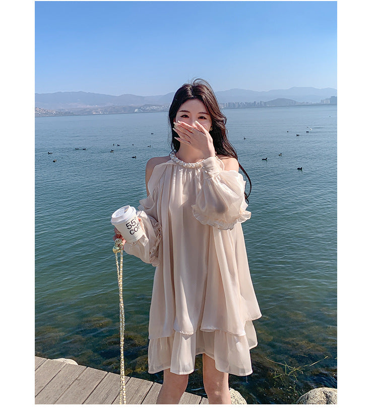 Apricot Super Fairy Halter Off-the-Shoulder Dress Women's Long Sleeve Spring New French Vacation Style Princess Dress Pettiskirt