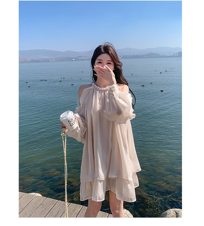 Apricot Super Fairy Halter Off-the-Shoulder Dress Women's Long Sleeve Spring New French Vacation Style Princess Dress Pettiskirt