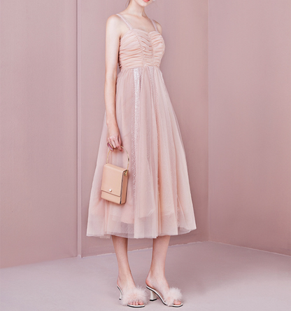 Summer New Nude Pink Party Mini Dress with Sequin Embellishments and Mesh Spaghetti Strap Dress for Women
