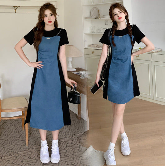 Small Size plus size Not Pick Body Retro Denim Stitching dress Women's New Summer Skirt Belly Covering Slim A- line Skirt