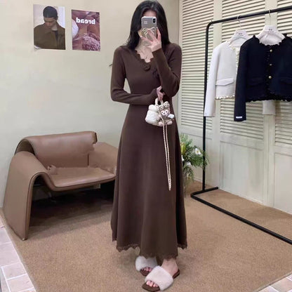 Autumn Winter New Gentle Waist Slimming Inner Wear Over-the-Knee Long Skirt Lace Edge Floral Knitted Dress for Women