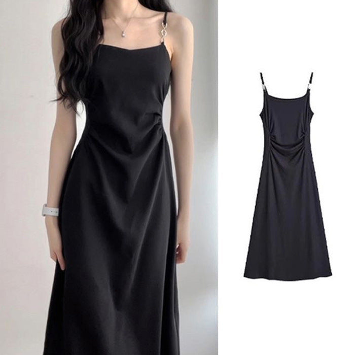 Black Camisole Dress Women's Summer 2025 New Waist Slimming High Sense Elegant Hepburn Style Black Dress