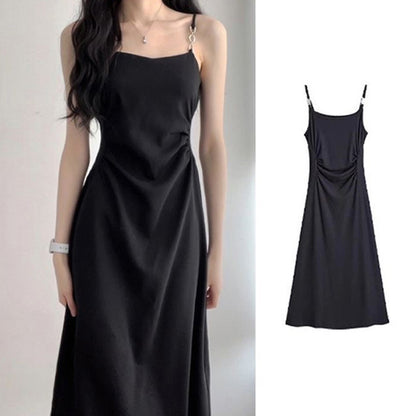 Black Camisole Dress Women's Summer 2025 New Waist Slimming High Sense Elegant Hepburn Style Black Dress