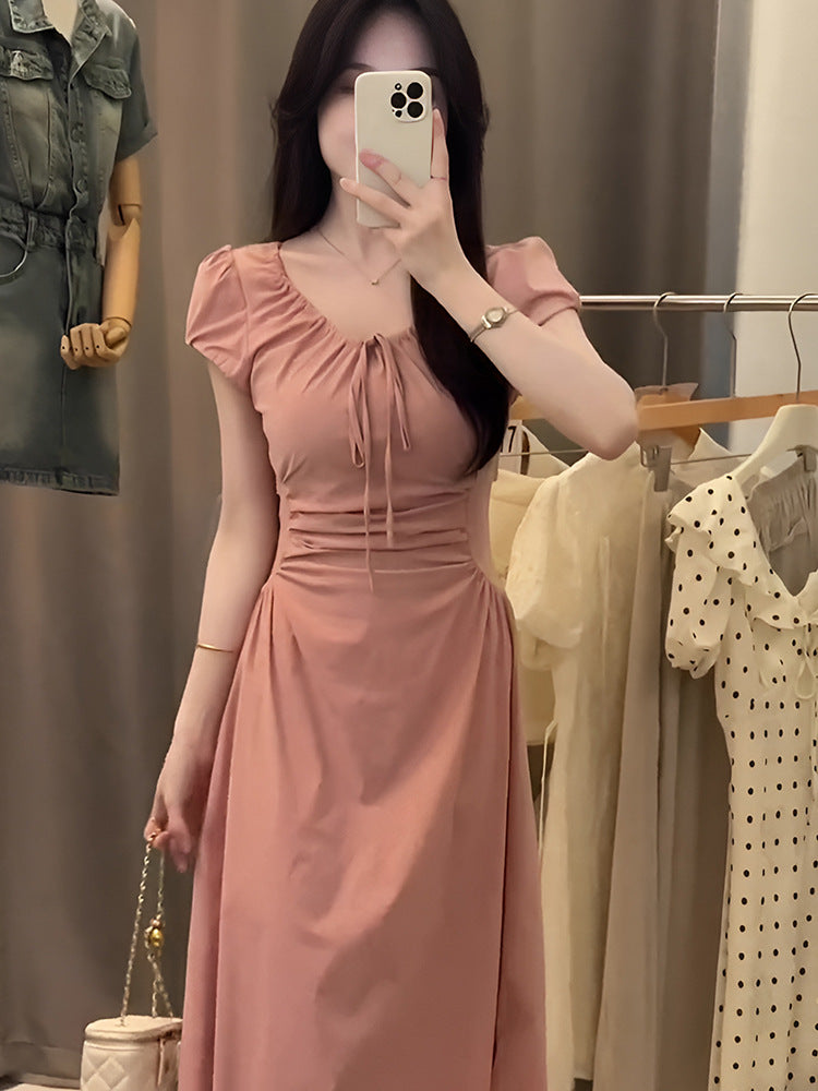 Pink puff sleeve dress women's summer sweet cinched slimming elegant tied French long dress