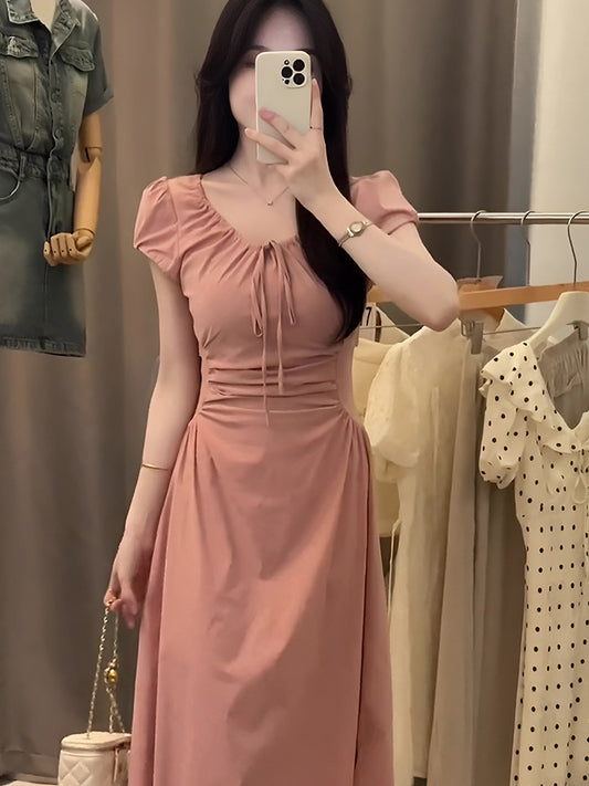 Pink puff sleeve dress women's summer sweet cinched slimming elegant tied French long dress