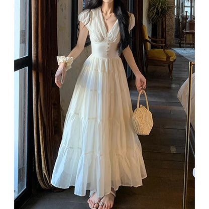 Summer V-neck Short Sleeve Waist-cinching Slimming Dress for Women with Elegant Puff Sleeves and Sweet Style