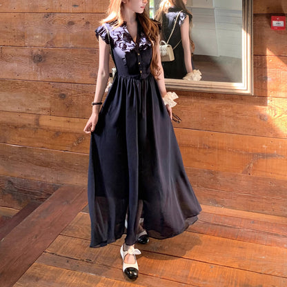 Ruffled Hem Navy Blue Dress