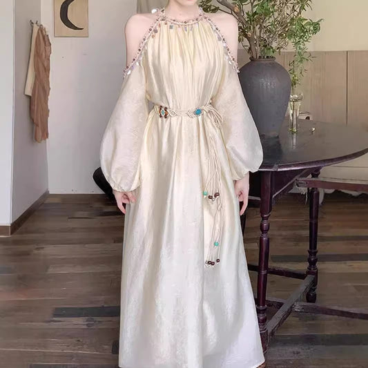Shell Lace Light Apricot Dress Bohemian Vacation Style Long Dress