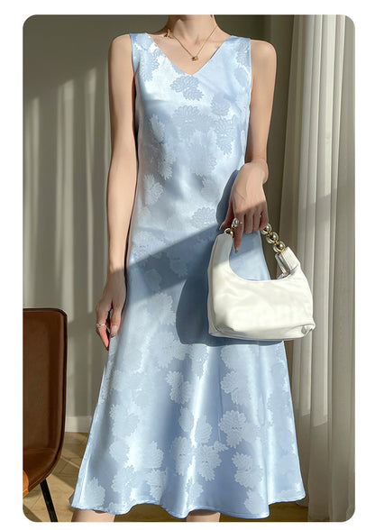 Women's Acetate Satin Mid-Length Dress Spring and Summer New Leaf Printing Niche Minimalist Style Sleeveless Skirt