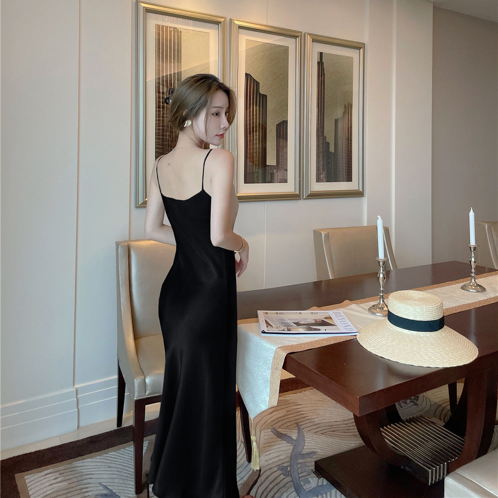 Acetate Sling Dress Female Summer New Korean Fashion Swing Collar Satin Temperament Slim Fit Skirt