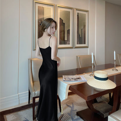 Acetate Sling Dress Female Summer New Korean Fashion Swing Collar Satin Temperament Slim Fit Skirt