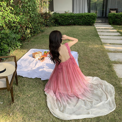 Beach Dress Sanya Vacation Strap Long Dress Pink Gradient Chiffon Dress Super Fairy