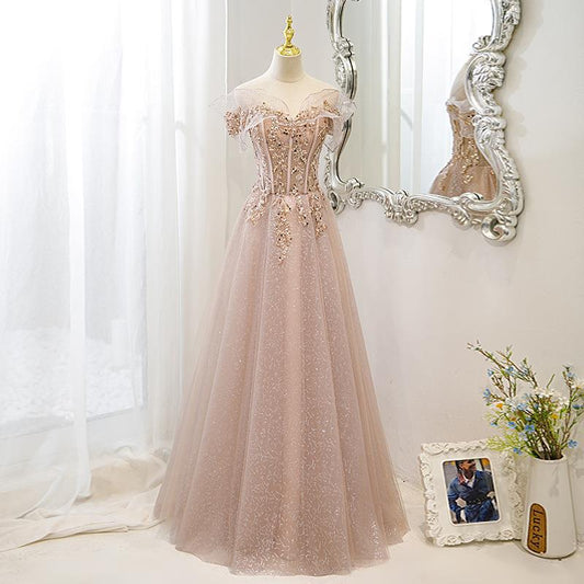 Off-Shoulder Pink Evening Dress High-End 2025 Spring Host Banquet Elegant Socialite Engagement Party Dress