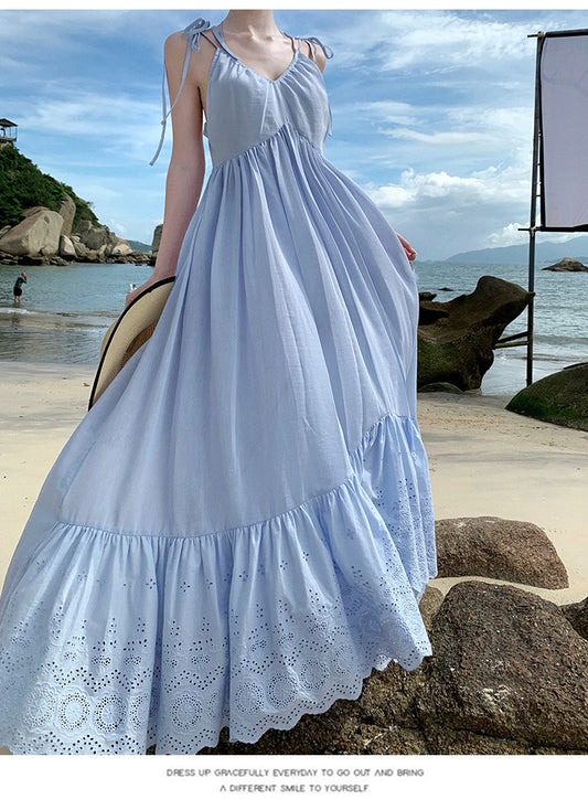 Sanya Beach Dress Light Blue Hollow Embroidery Strap Dress Summer Super Fairy Flowing Vacation Style Elegant Long Dress